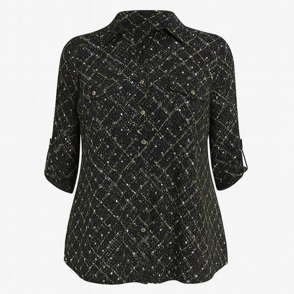 NWT Emily Daniels Green & Black Blouse with Placket Sleeve Tiny Sequins (L) - Picture 1 of 10